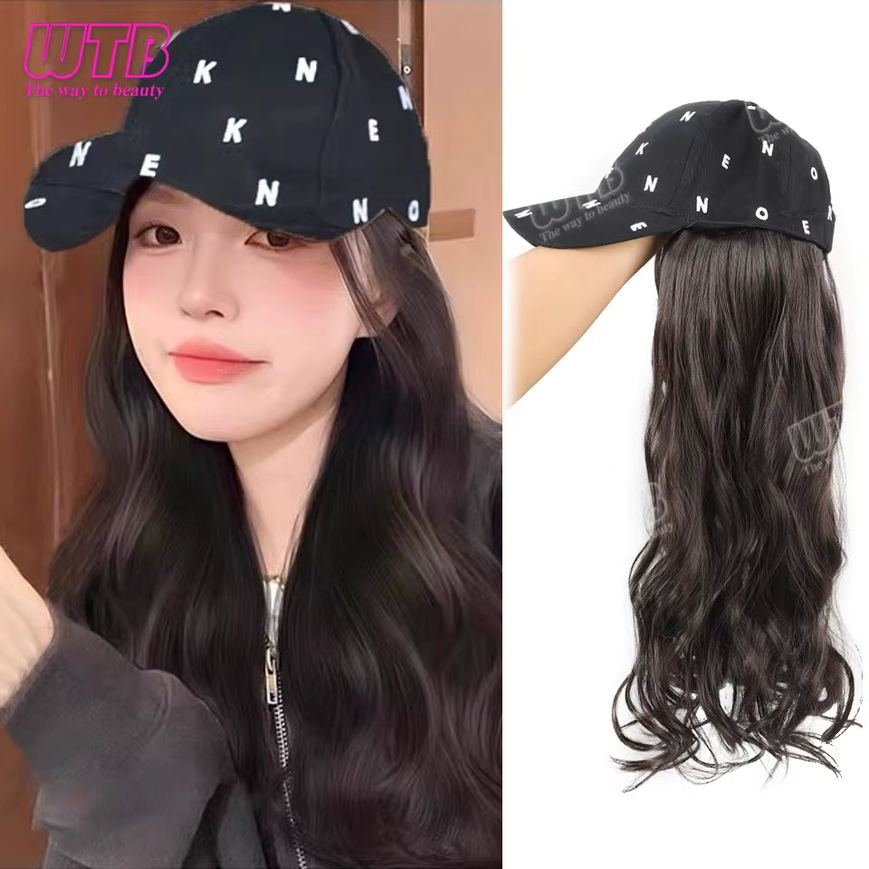 Synthetic Baseball Cap Wig Female One-Piece Hat Wig Long Curly Hair Highlights Curly Hair Wig Hat Female