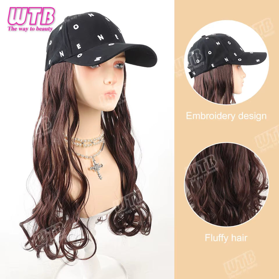 Synthetic Baseball Cap Wig Female One-Piece Hat Wig Long Curly Hair Highlights Curly Hair Wig Hat Female