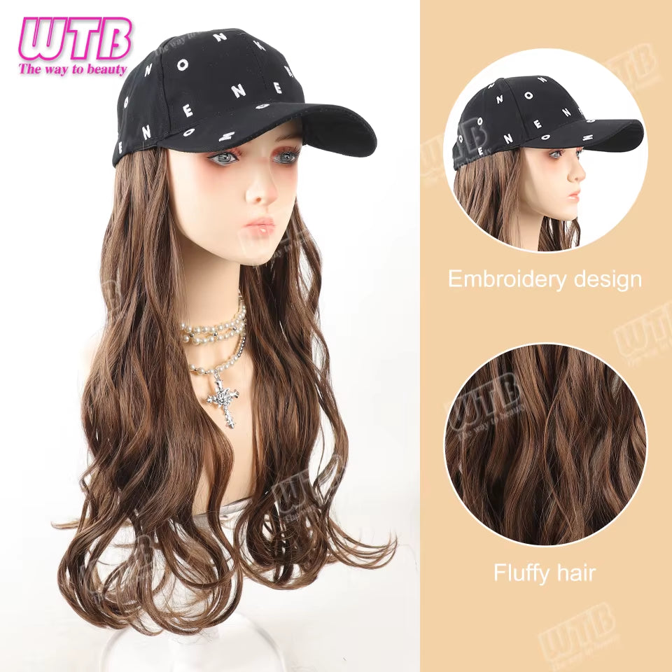 Synthetic Baseball Cap Wig Female One-Piece Hat Wig Long Curly Hair Highlights Curly Hair Wig Hat Female