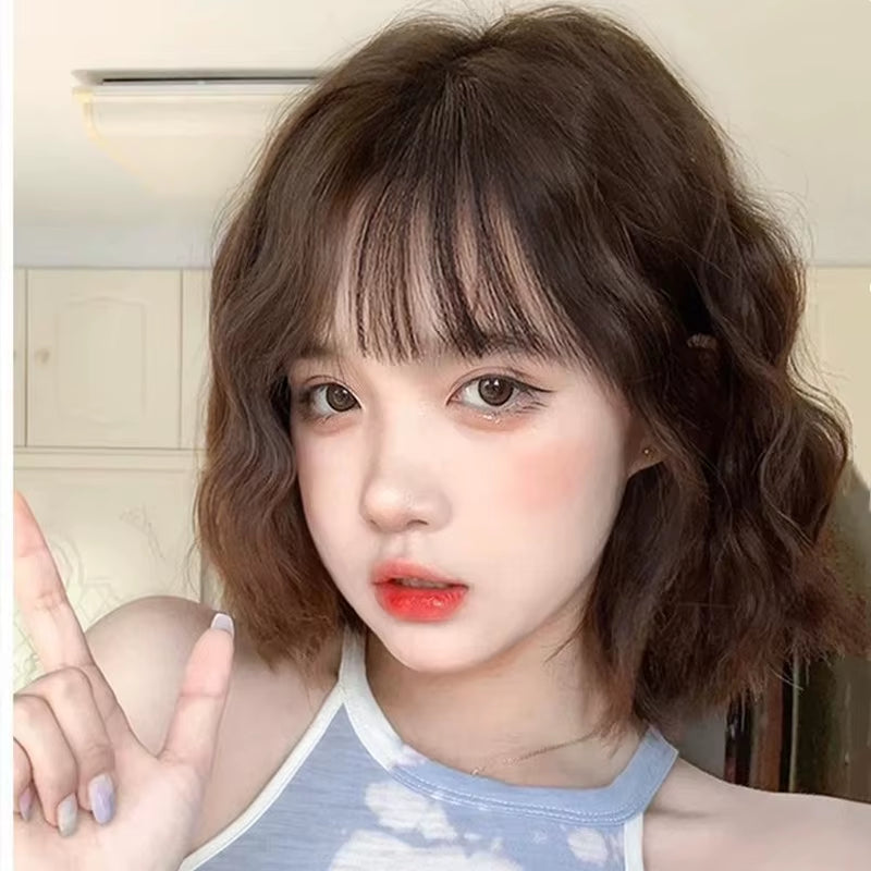 Korea Style Hair Extensions Synthetic Fashion Young Female Wigs Breathable Head Cover Shoulder Length Curly Wig Hat for Women