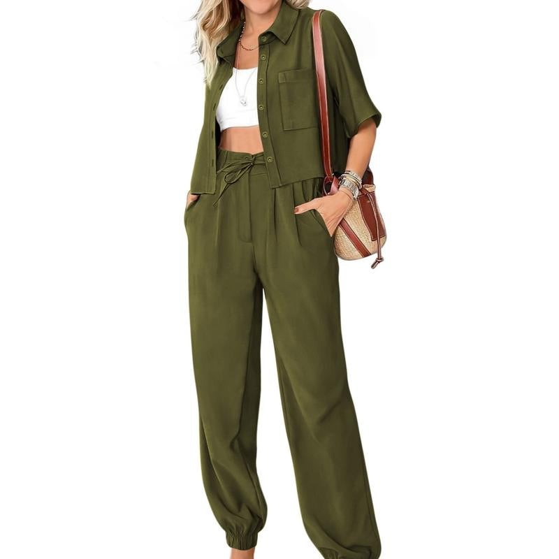BTFBM Women'S 2025 Summer Tracksuit Lounge Matching Set with Short Sleeve Cropped Button-Down Shirt and Long Pants