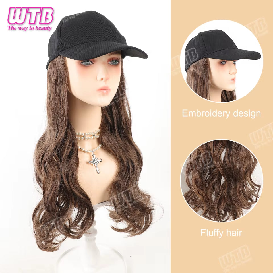 Synthetic Baseball Cap Wig Female One-Piece Hat Wig Long Curly Hair Highlights Curly Hair Wig Hat Female