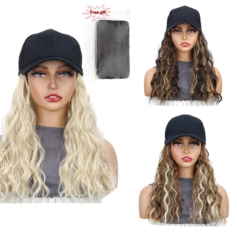 Synthetic Fluffy Natural Wave Wavy Curly Hair Wigs with Hat Baseball Cap Naturally Connect Adjustable Hat Wig