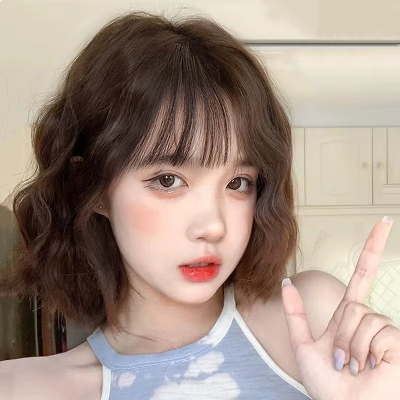 Korea Style Hair Extensions Synthetic Fashion Young Female Wigs Breathable Head Cover Shoulder Length Curly Wig Hat for Women