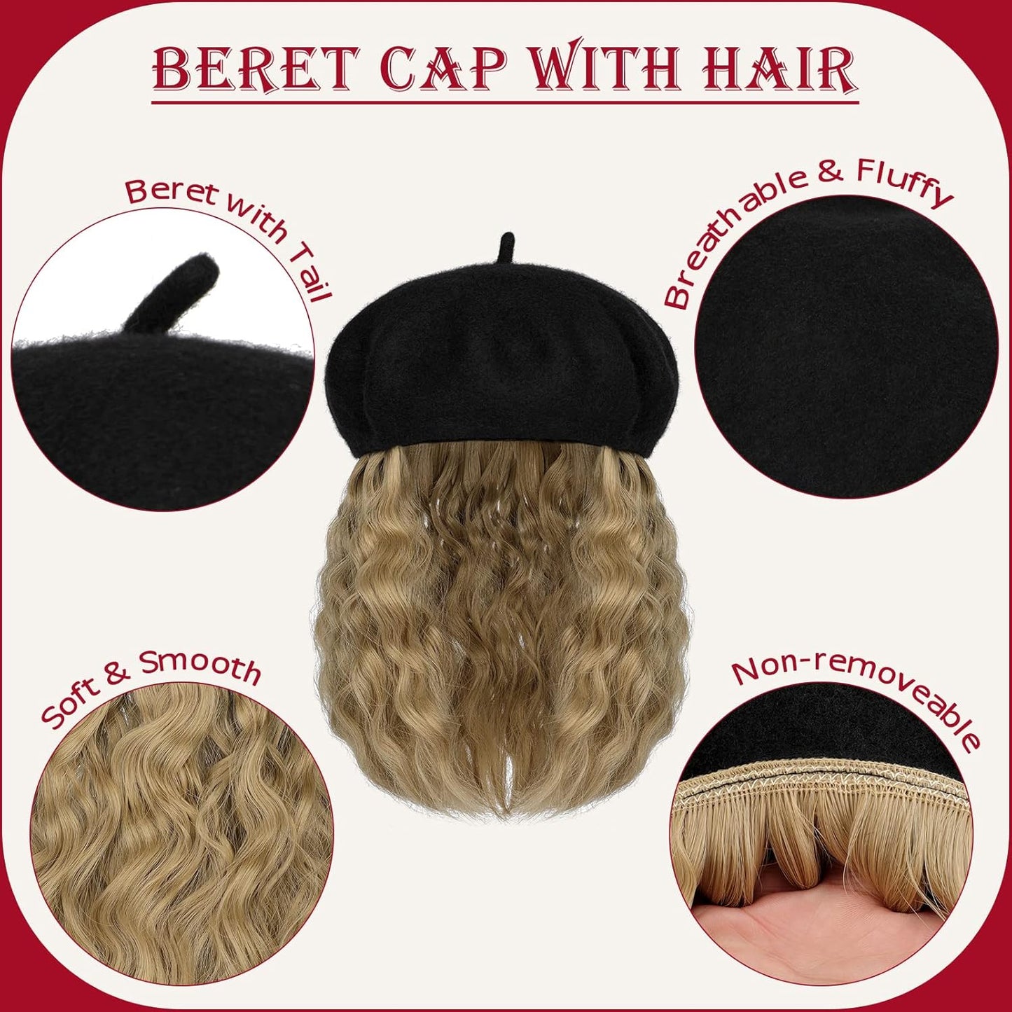 Berets Hat with Hair Extensions Classic Stretchable Wool French Solid Cap Attached Short Curly Bob Synthetic Hairpiece Wig Hat for Women Ash Blonde