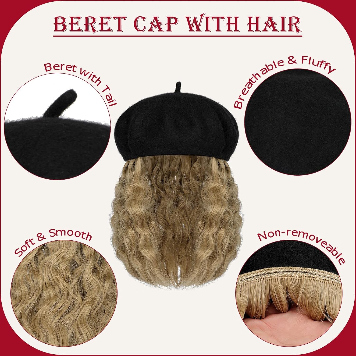 Berets Hat with Hair Extensions Classic Stretchable Wool French Solid Cap Attached Short Curly Bob Synthetic Hairpiece Wig Hat for Women Ash Blonde
