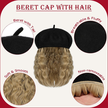 Berets Hat with Hair Extensions Classic Stretchable Wool French Solid Cap Attached Short Curly Bob Synthetic Hairpiece Wig Hat for Women Ash Blonde