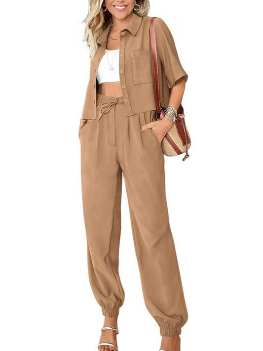 BTFBM Women'S 2025 Summer Tracksuit Lounge Matching Set with Short Sleeve Cropped Button-Down Shirt and Long Pants