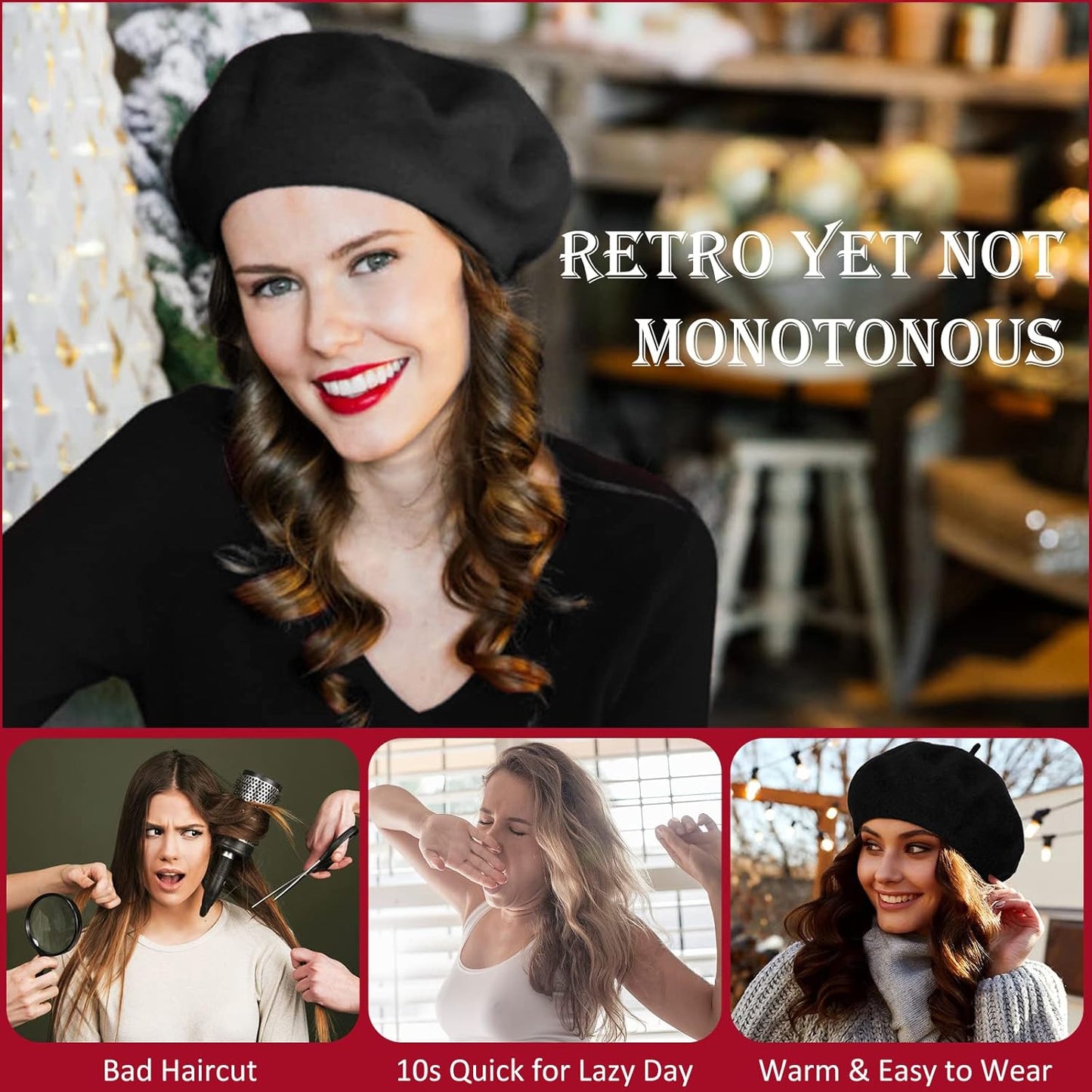 Berets Hat with Hair Extensions Classic Stretchable Wool French Solid Cap Attached Short Curly Bob Synthetic Hairpiece Wig Hat for Women Ash Blonde