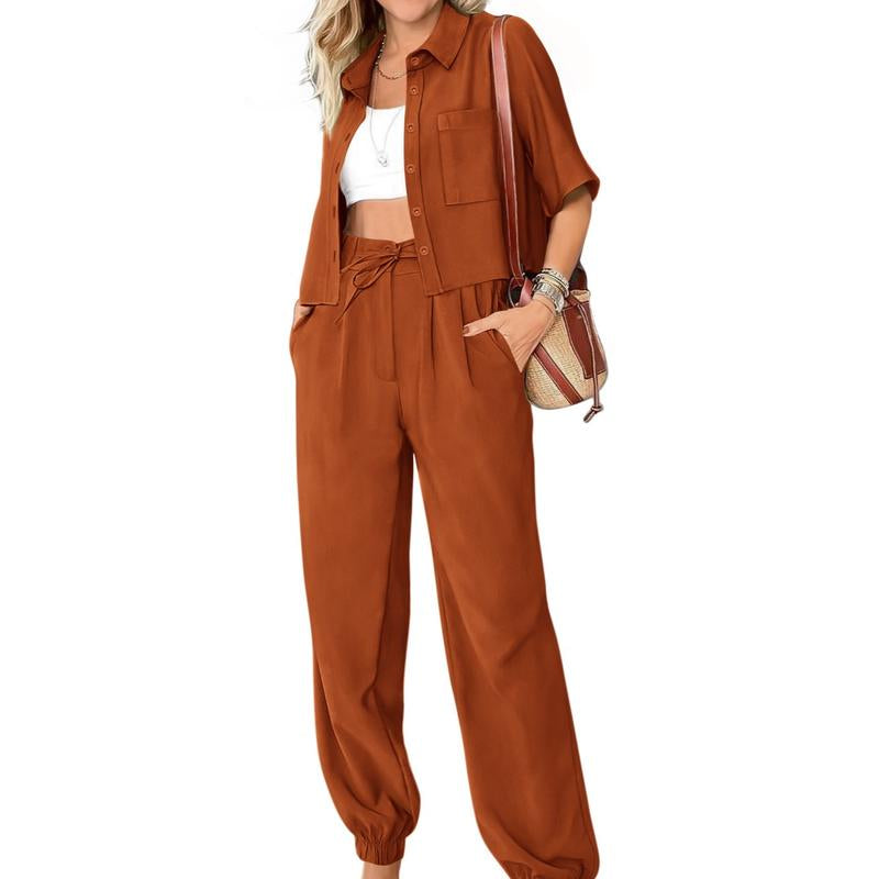 BTFBM Women'S 2025 Summer Tracksuit Lounge Matching Set with Short Sleeve Cropped Button-Down Shirt and Long Pants