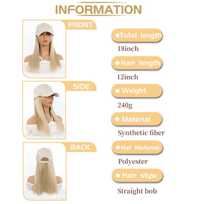 Woman Wig Baseball Cap with Hair Bob Human Hair Wig Adjustable Short Straight Hairpiece Replacement Wigs Hat