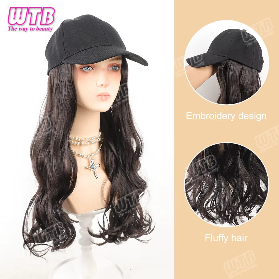 Synthetic Baseball Cap Wig Female One-Piece Hat Wig Long Curly Hair Highlights Curly Hair Wig Hat Female