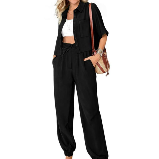 BTFBM Women'S 2025 Summer Tracksuit Lounge Matching Set with Short Sleeve Cropped Button-Down Shirt and Long Pants