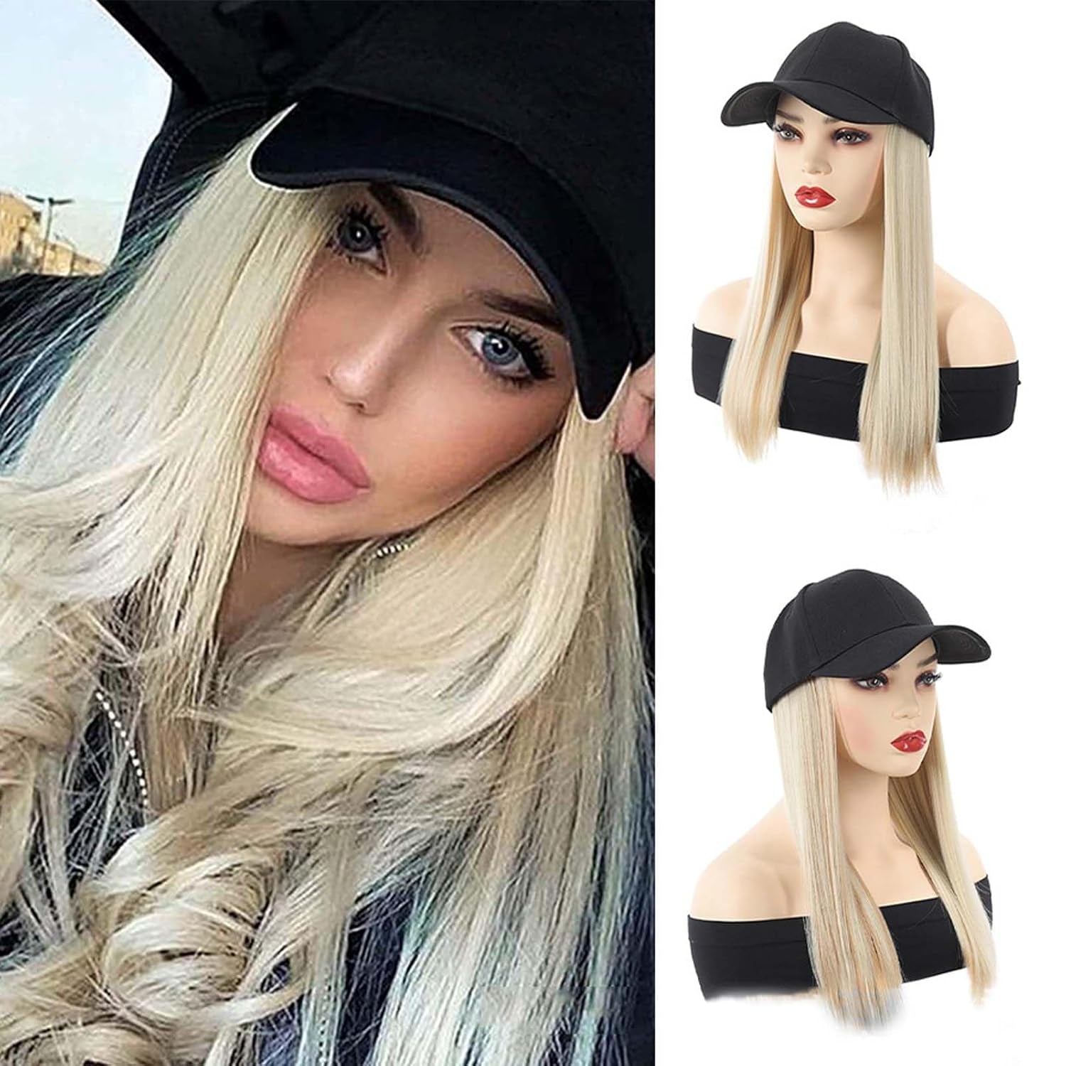 Woman Wig Baseball Cap with Hair Bob Human Hair Wig Adjustable Short Straight Hairpiece Replacement Wigs Hat