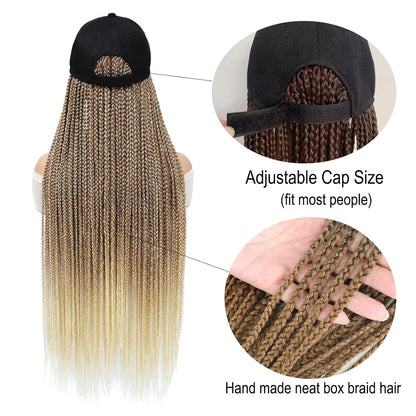 Hat Wig Baseball Cap with 30Inch Long Box Braiding Hair Extensions Attached for Woman Black Cap Wig Braided Wig Hairstyle Adjustable Size (B Ombre Blonde, 30Inch)