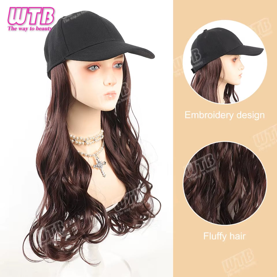 Synthetic Baseball Cap Wig Female One-Piece Hat Wig Long Curly Hair Highlights Curly Hair Wig Hat Female