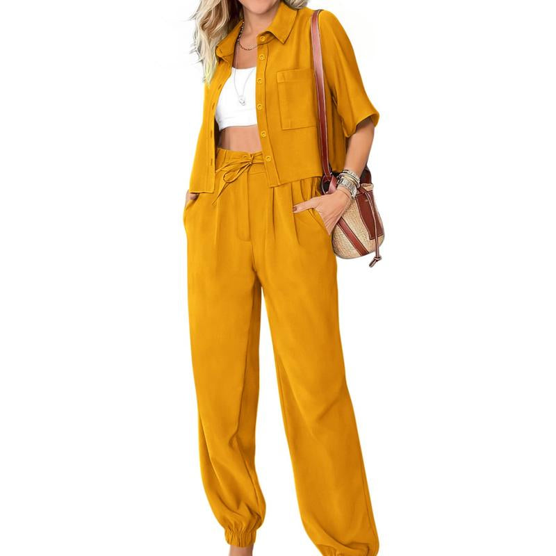 BTFBM Women'S 2025 Summer Tracksuit Lounge Matching Set with Short Sleeve Cropped Button-Down Shirt and Long Pants