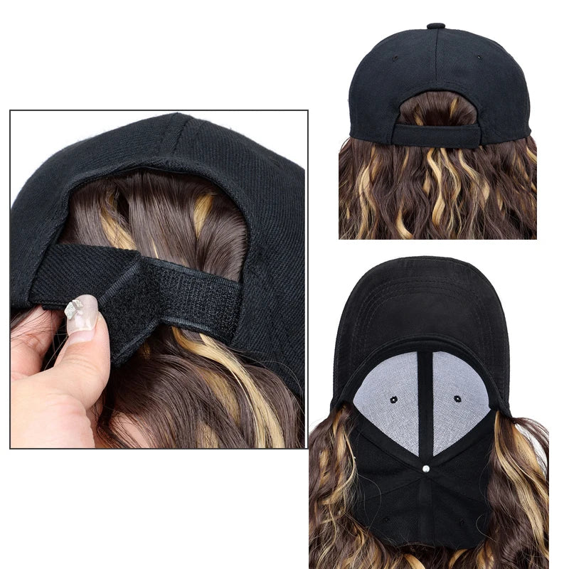 Synthetic Fluffy Natural Wave Wavy Curly Hair Wigs with Hat Baseball Cap Naturally Connect Adjustable Hat Wig