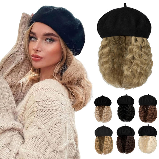 Berets Hat with Hair Extensions Classic Stretchable Wool French Solid Cap Attached Short Curly Bob Synthetic Hairpiece Wig Hat for Women Ash Blonde