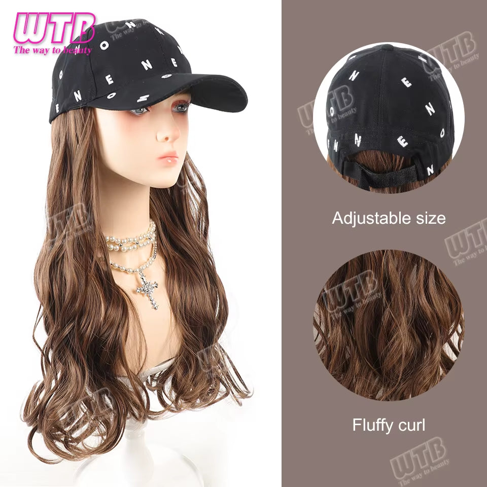 Synthetic Baseball Cap Wig Female One-Piece Hat Wig Long Curly Hair Highlights Curly Hair Wig Hat Female