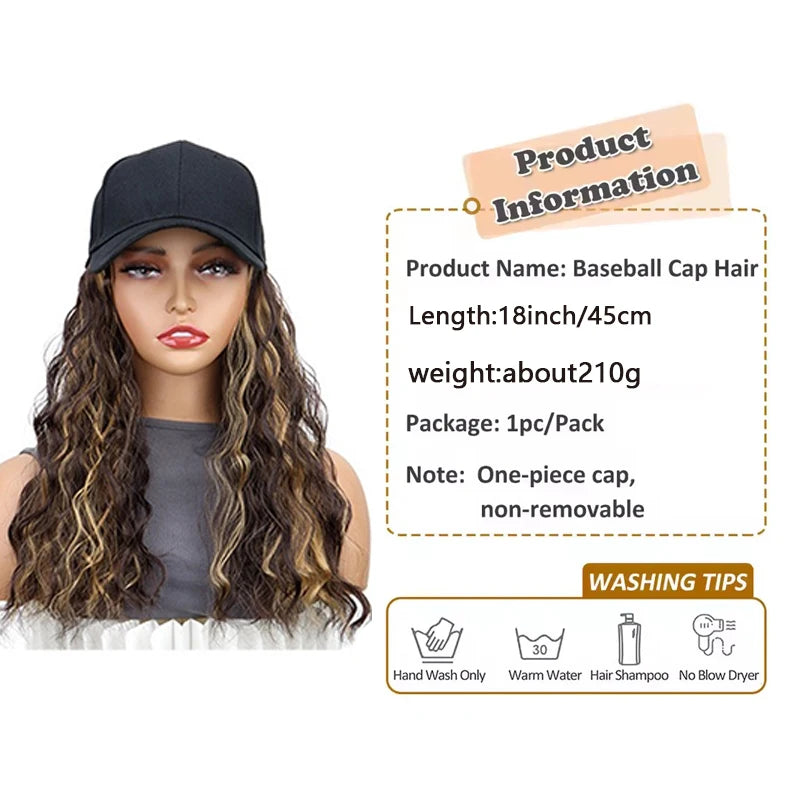 Synthetic Fluffy Natural Wave Wavy Curly Hair Wigs with Hat Baseball Cap Naturally Connect Adjustable Hat Wig