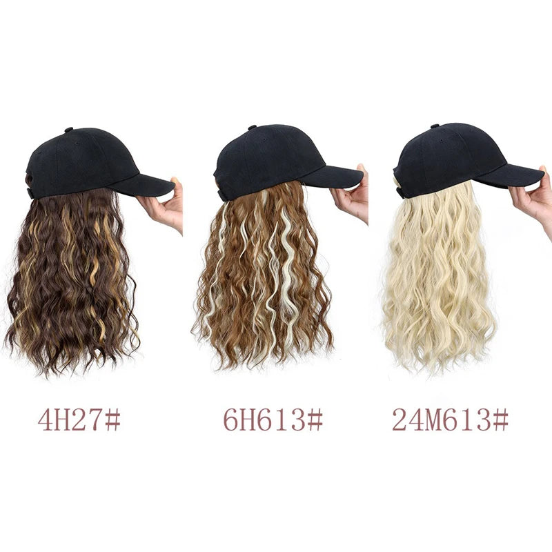 Synthetic Fluffy Natural Wave Wavy Curly Hair Wigs with Hat Baseball Cap Naturally Connect Adjustable Hat Wig