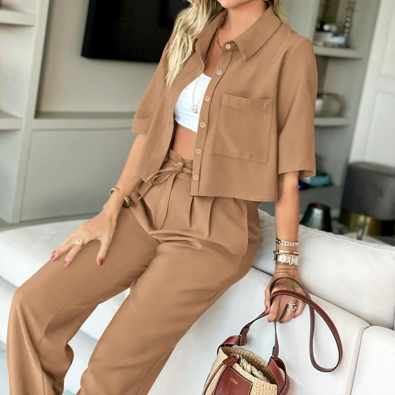 BTFBM Women'S 2025 Summer Tracksuit Lounge Matching Set with Short Sleeve Cropped Button-Down Shirt and Long Pants
