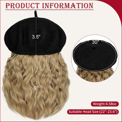 Berets Hat with Hair Extensions Classic Stretchable Wool French Solid Cap Attached Short Curly Bob Synthetic Hairpiece Wig Hat for Women Ash Blonde