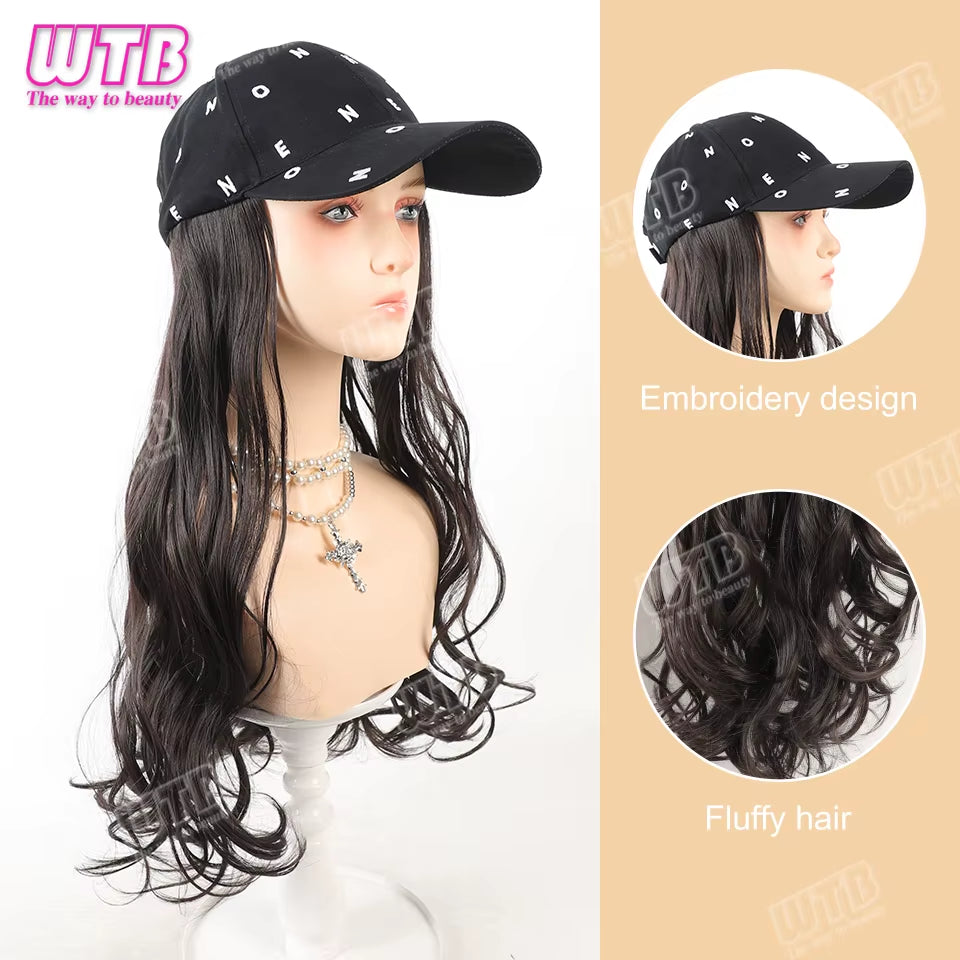 Synthetic Baseball Cap Wig Female One-Piece Hat Wig Long Curly Hair Highlights Curly Hair Wig Hat Female