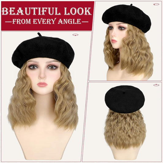 Berets Hat with Hair Extensions Classic Stretchable Wool French Solid Cap Attached Short Curly Bob Synthetic Hairpiece Wig Hat for Women Ash Blonde