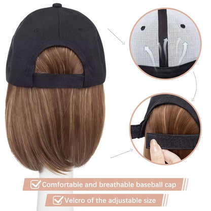 Baseball Cap with Hair Extensions for Women Synthetic 6'' Adjustable Short Straight Hairpiece Replacement Wigs in Hat for Girls