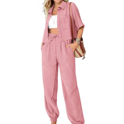 BTFBM Women'S 2025 Summer Tracksuit Lounge Matching Set with Short Sleeve Cropped Button-Down Shirt and Long Pants