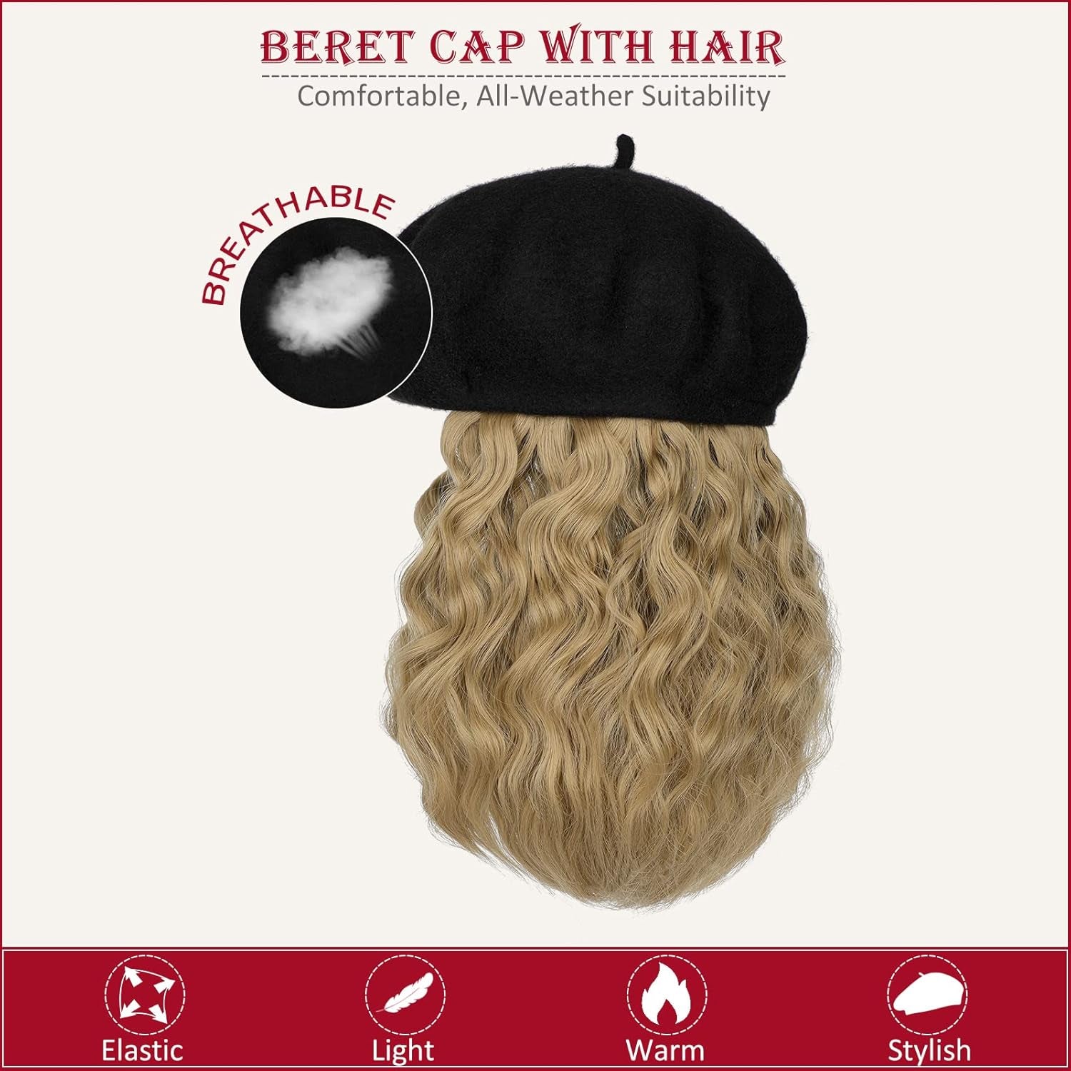 Berets Hat with Hair Extensions Classic Stretchable Wool French Solid Cap Attached Short Curly Bob Synthetic Hairpiece Wig Hat for Women Ash Blonde