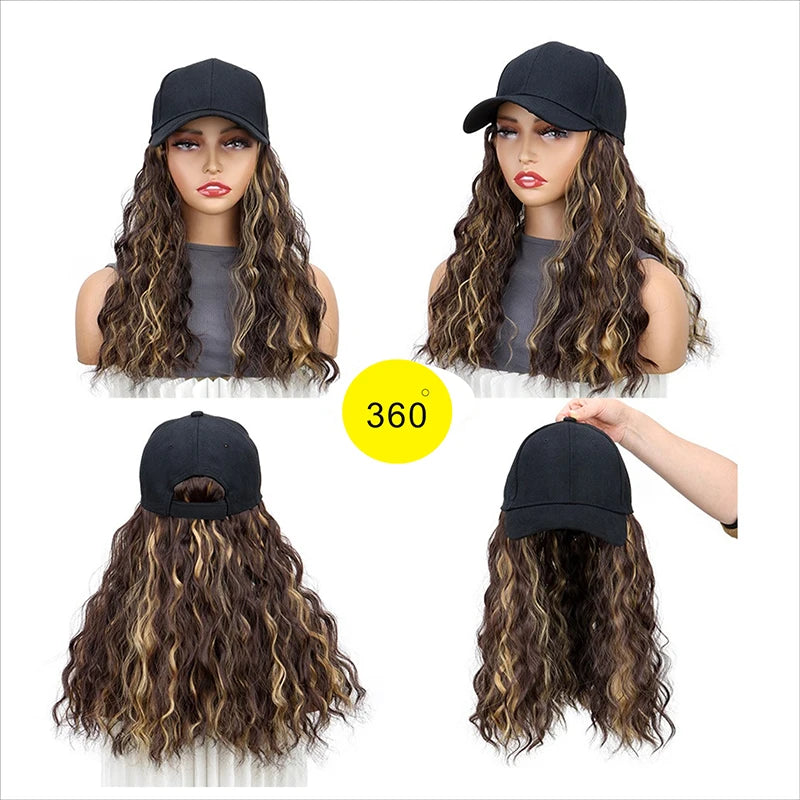 Synthetic Fluffy Natural Wave Wavy Curly Hair Wigs with Hat Baseball Cap Naturally Connect Adjustable Hat Wig