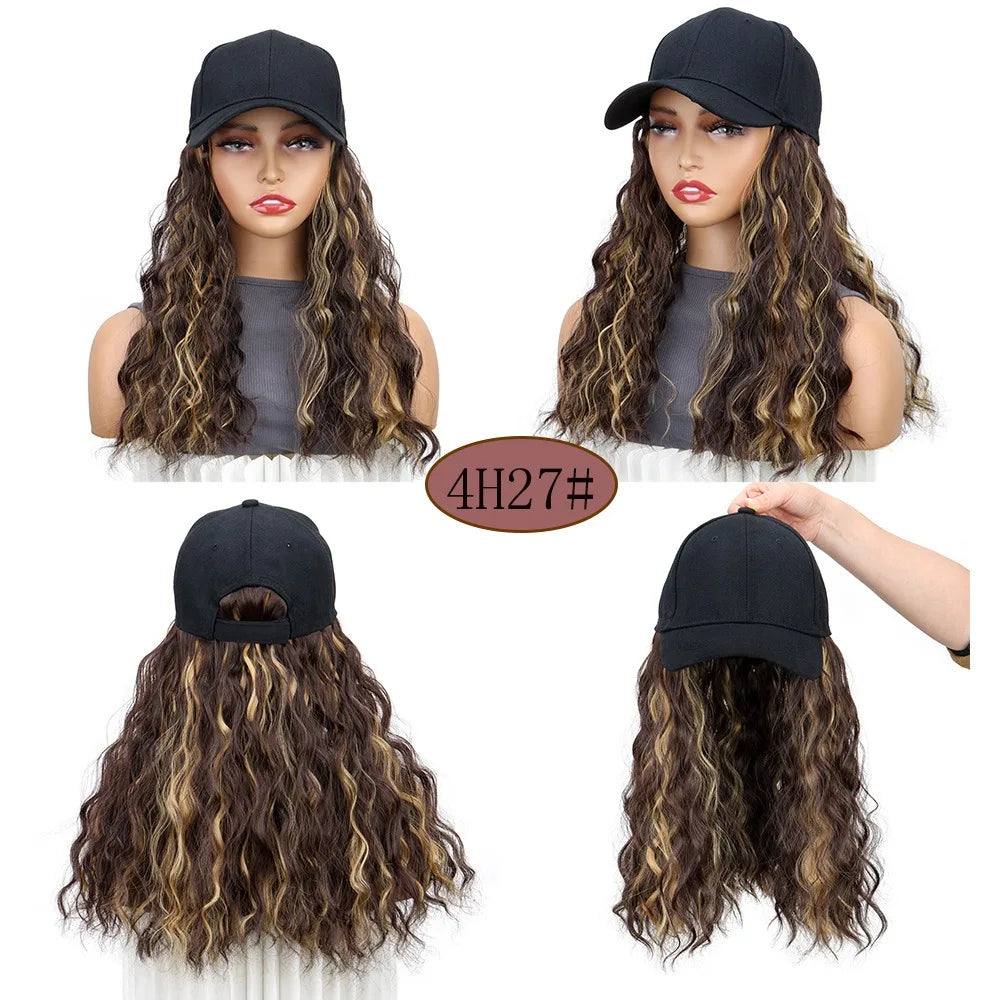 Synthetic Fluffy Natural Wave Wavy Curly Hair Wigs with Hat Baseball Cap Naturally Connect Adjustable Hat Wig