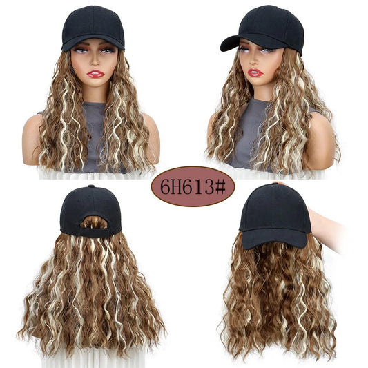 Synthetic Fluffy Natural Wave Wavy Curly Hair Wigs with Hat Baseball Cap Naturally Connect Adjustable Hat Wig