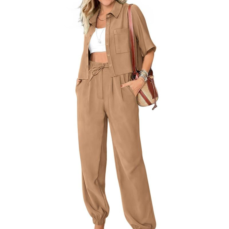 BTFBM Women'S 2025 Summer Tracksuit Lounge Matching Set with Short Sleeve Cropped Button-Down Shirt and Long Pants