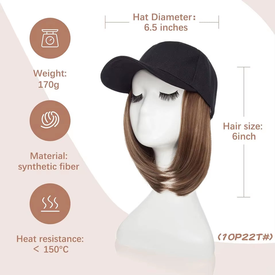 Baseball Cap with Hair Extensions for Women Synthetic 6'' Adjustable Short Straight Hairpiece Replacement Wigs in Hat for Girls