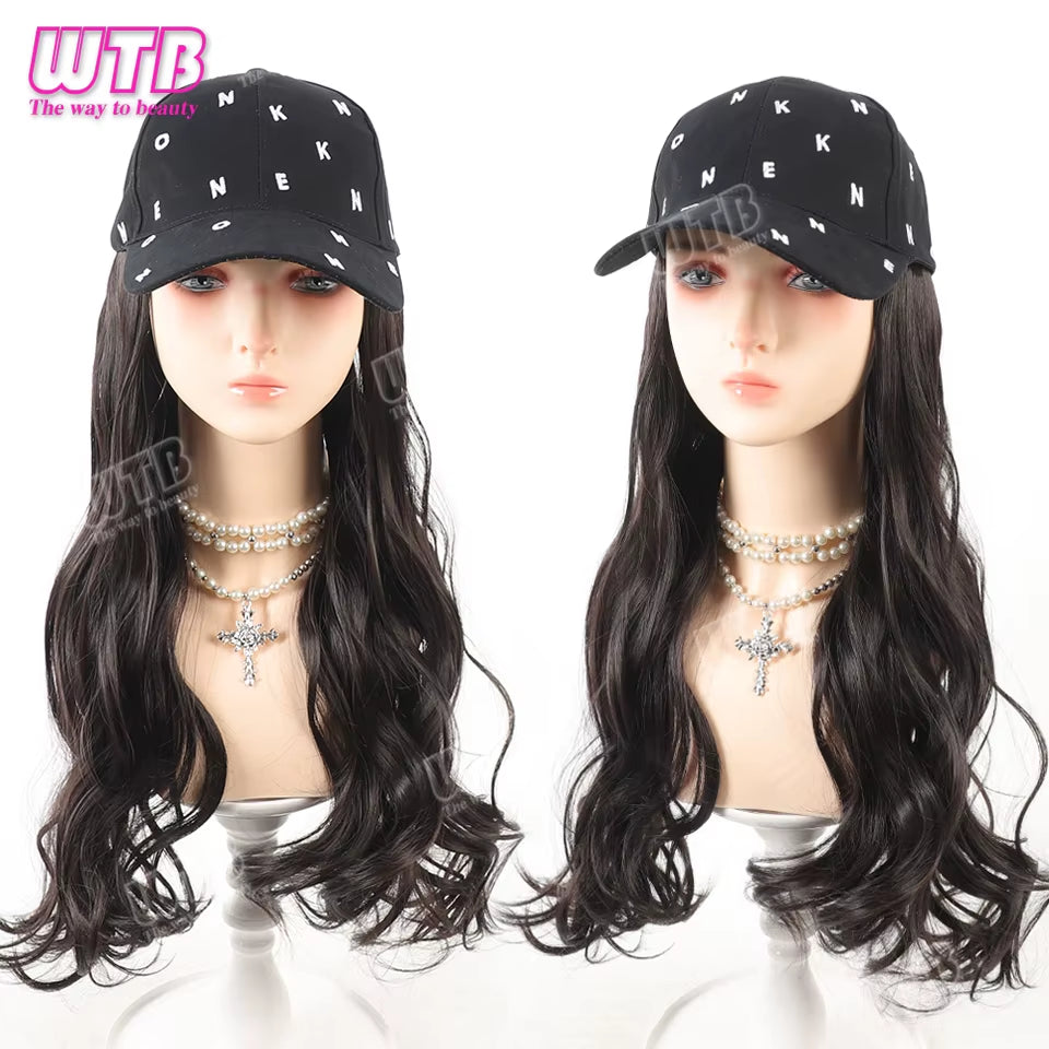 Synthetic Baseball Cap Wig Female One-Piece Hat Wig Long Curly Hair Highlights Curly Hair Wig Hat Female