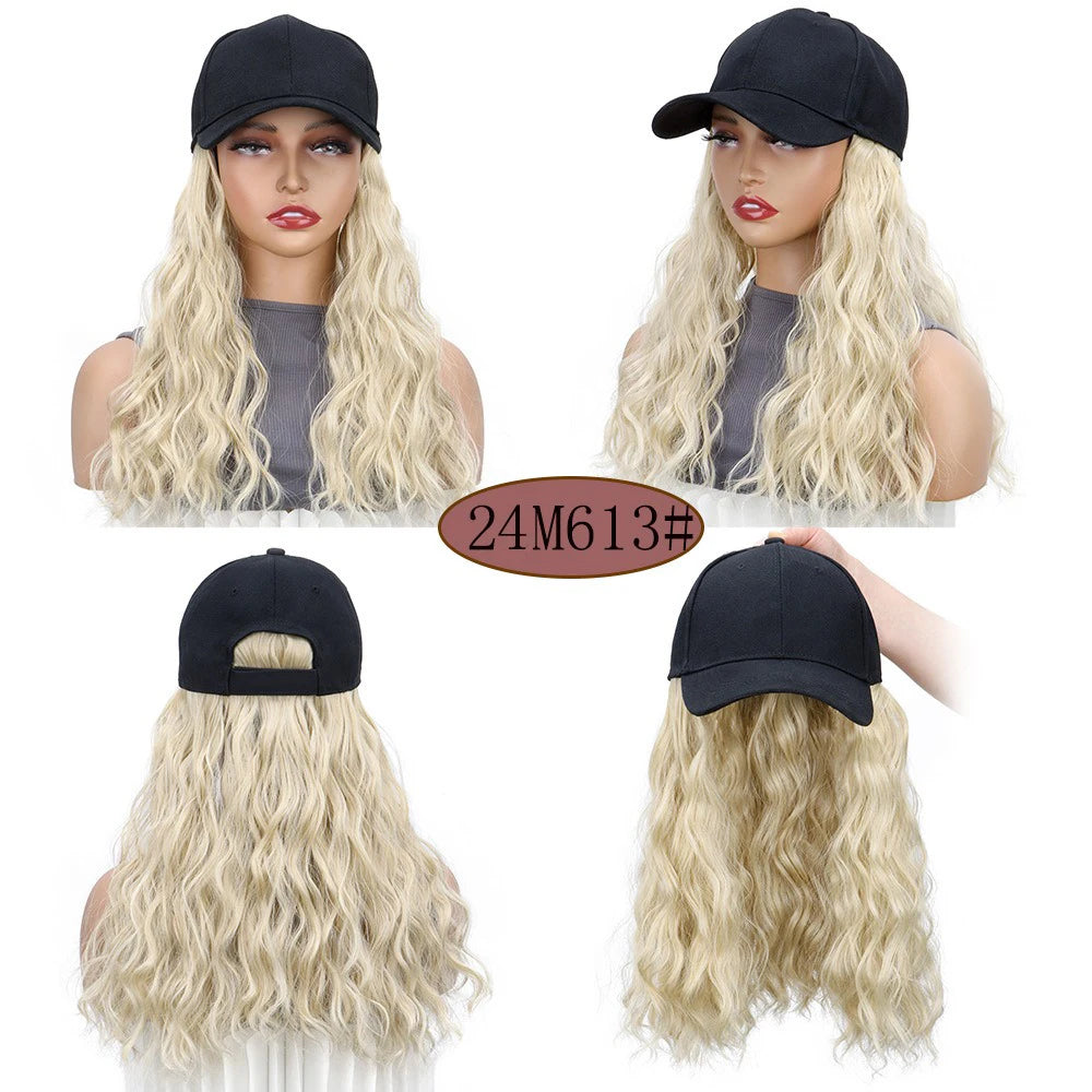 Synthetic Fluffy Natural Wave Wavy Curly Hair Wigs with Hat Baseball Cap Naturally Connect Adjustable Hat Wig