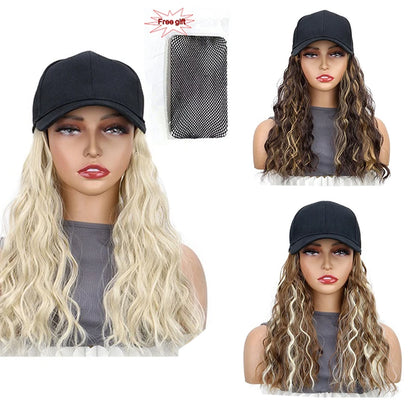 Synthetic Fluffy Natural Wave Wavy Curly Hair Wigs with Hat Baseball Cap Naturally Connect Adjustable Hat Wig
